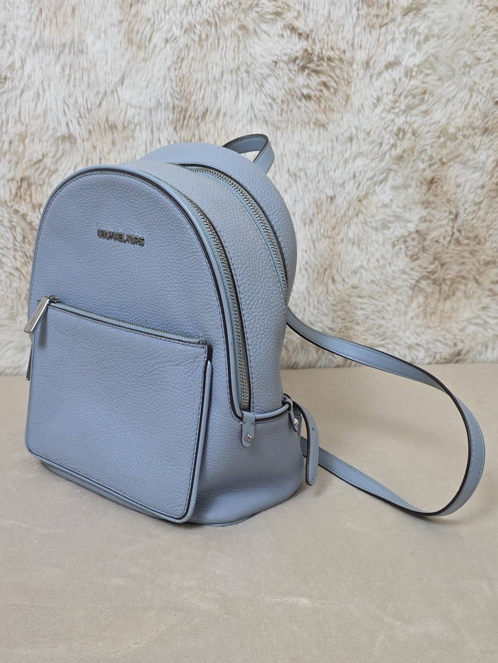 Michael Kors Pebbled Leather Backpack Light Blue Silver Hardware Zip Pocket
